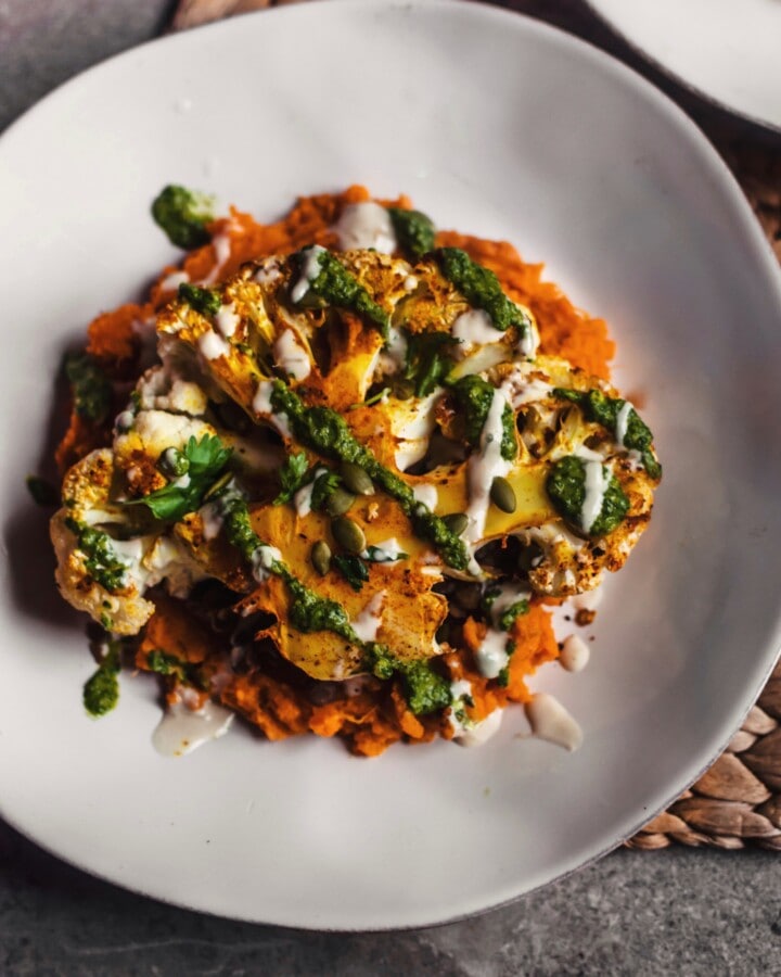 Roasted Cauliflower Steak with Sweet Potato Purée and Lentils