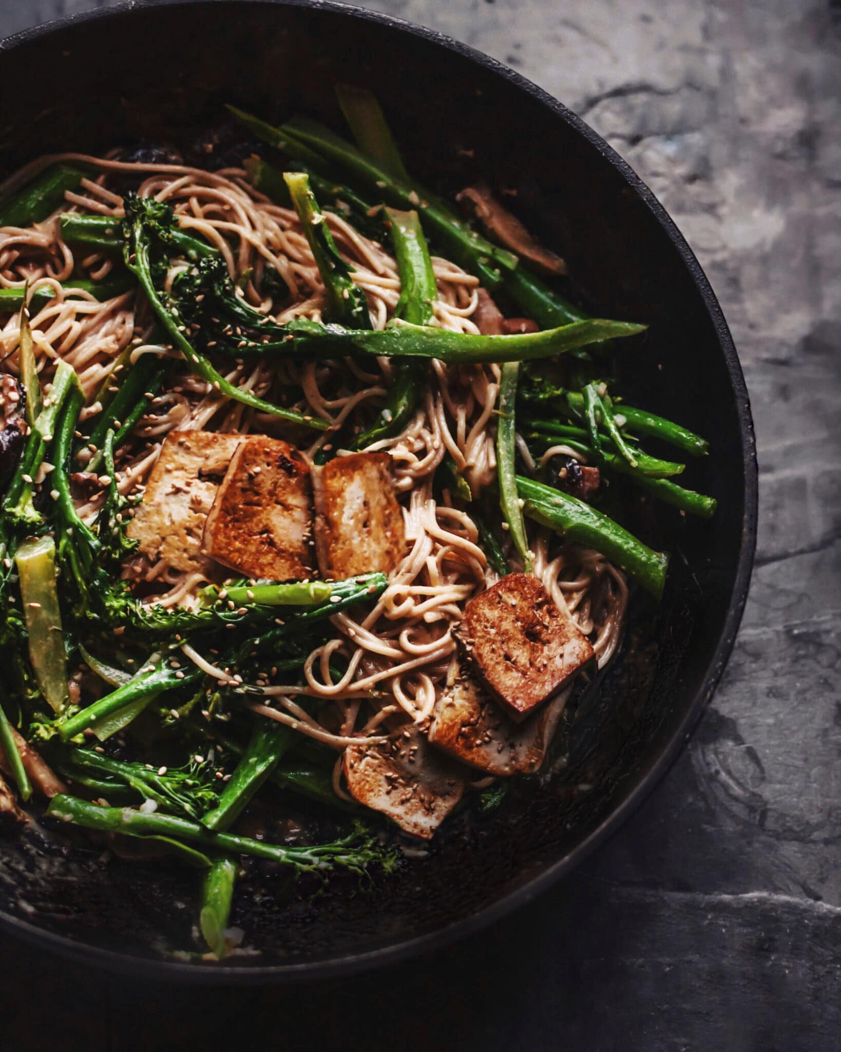 Soba Sesame Noodles with PanSeared Tofu and Broccolini (Vegan)